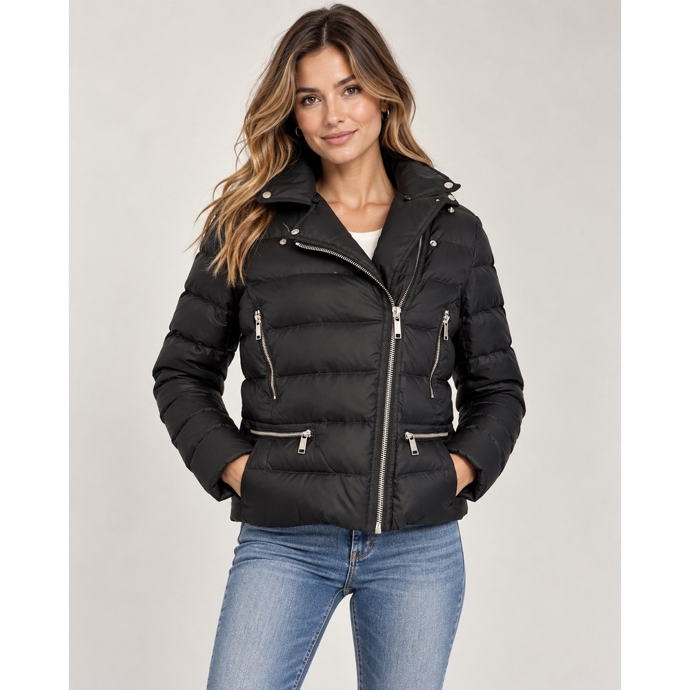 Michael Michael Kors Black Asymmetrical Moto Puffer Jacket Small
